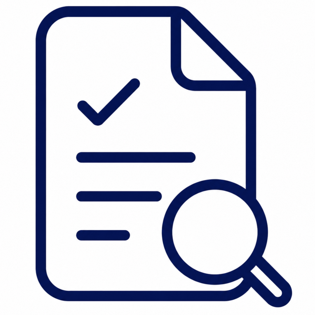 Outline of a document icon with a checkmark and a magnifying glass.