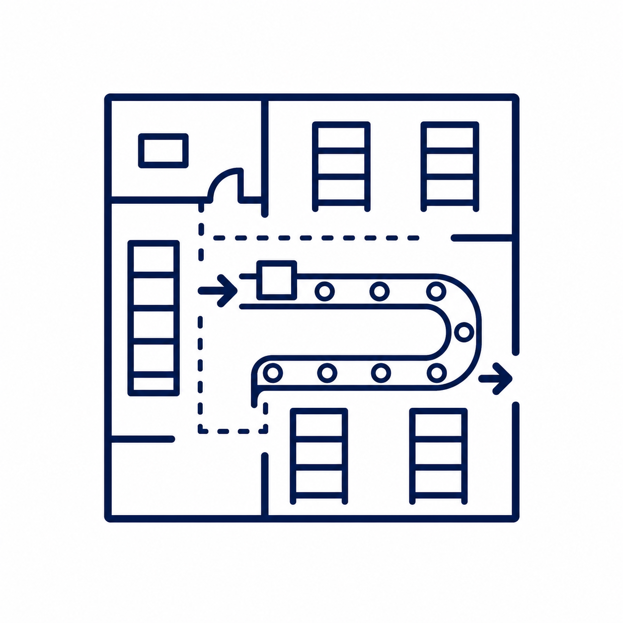 Floor plan diagram of a building with a hallway, rooms, stairs, and a snake-shaped conveyor belt in the center.