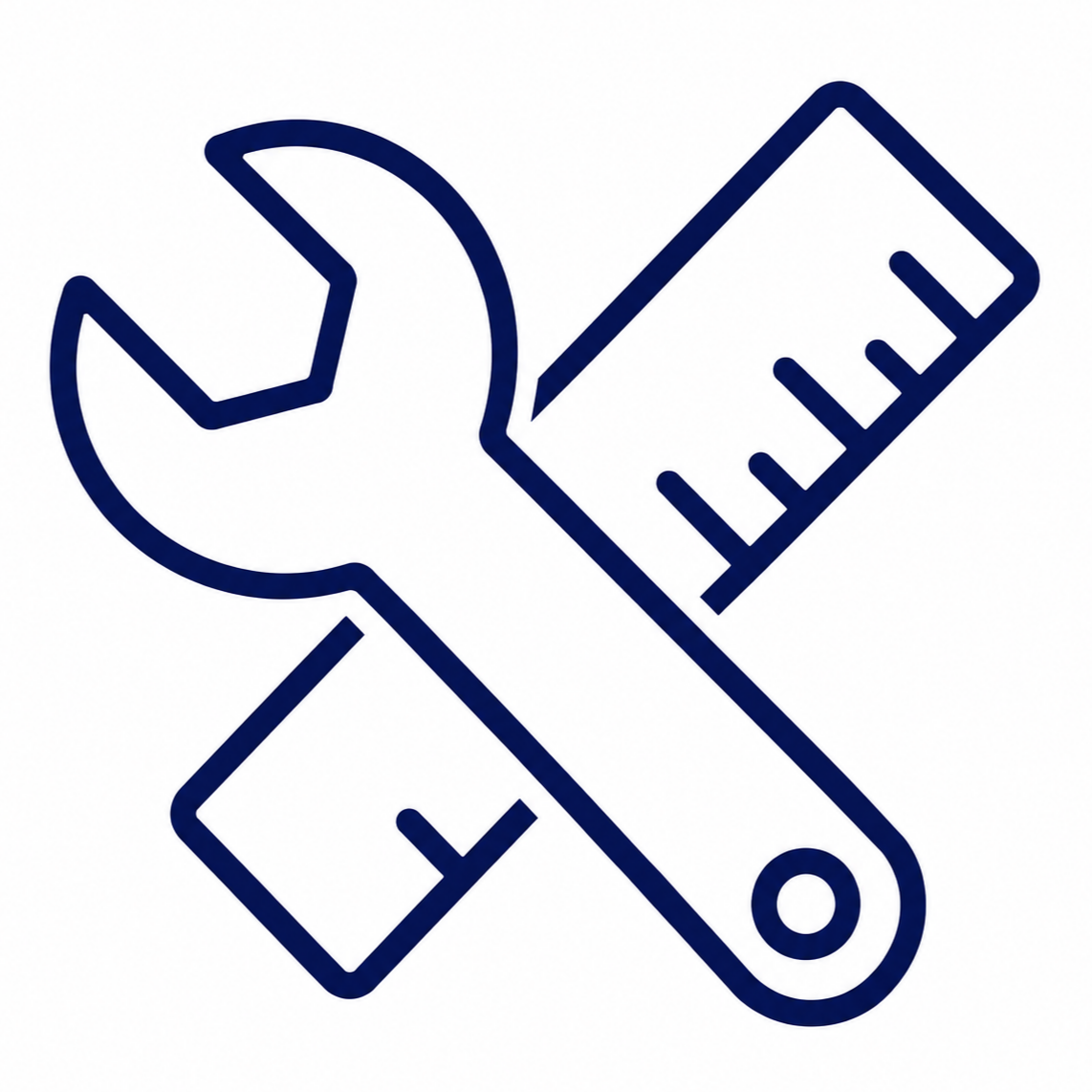 Line drawing of a wrench and a ruler crossed together.