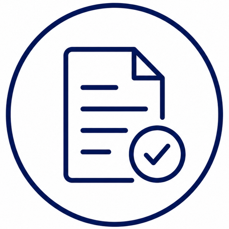 Icon of a document with lines representing text and a checkmark, indicating approval or verification.