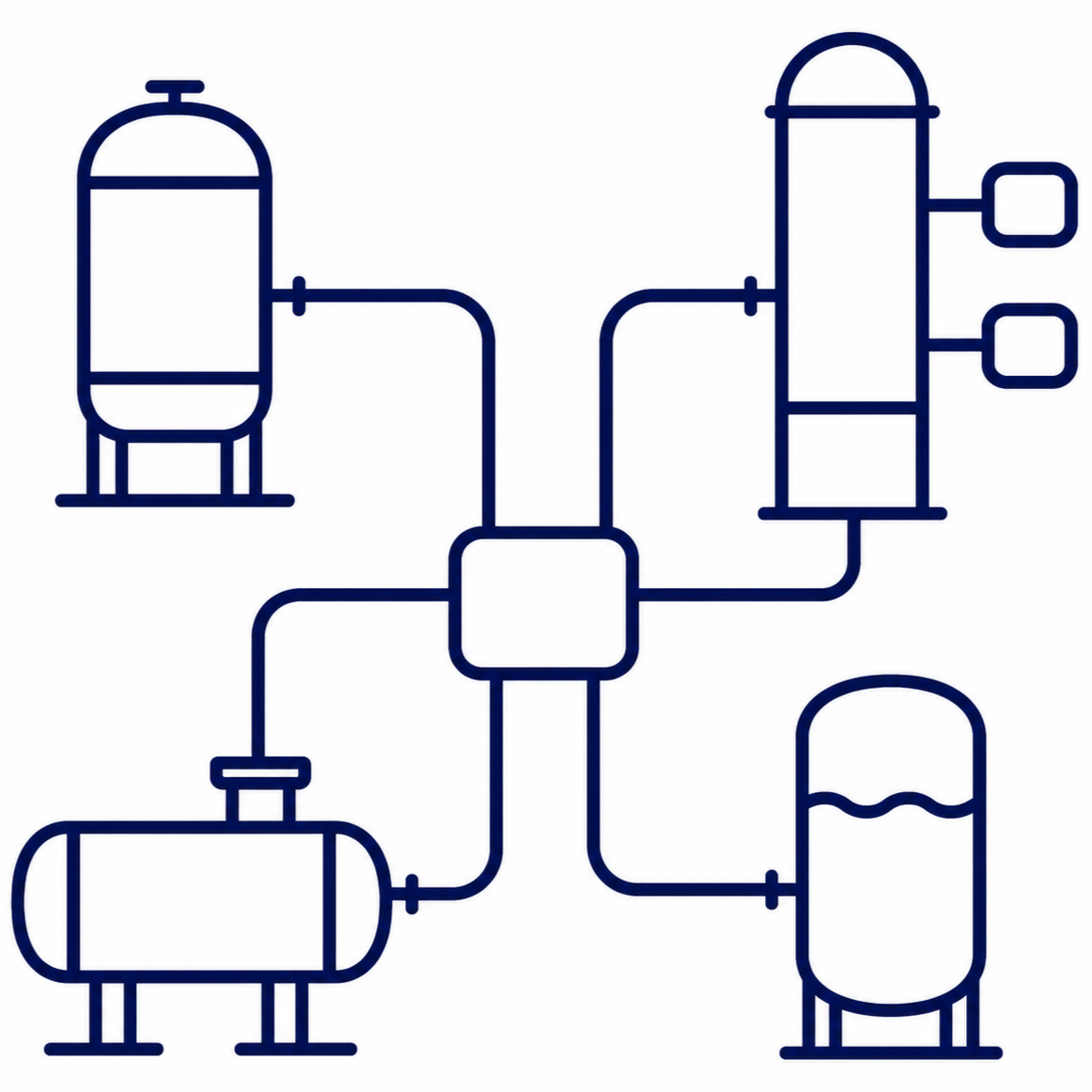 A technical diagram of a chemical process with interconnected tanks, pipes, and reactors.
