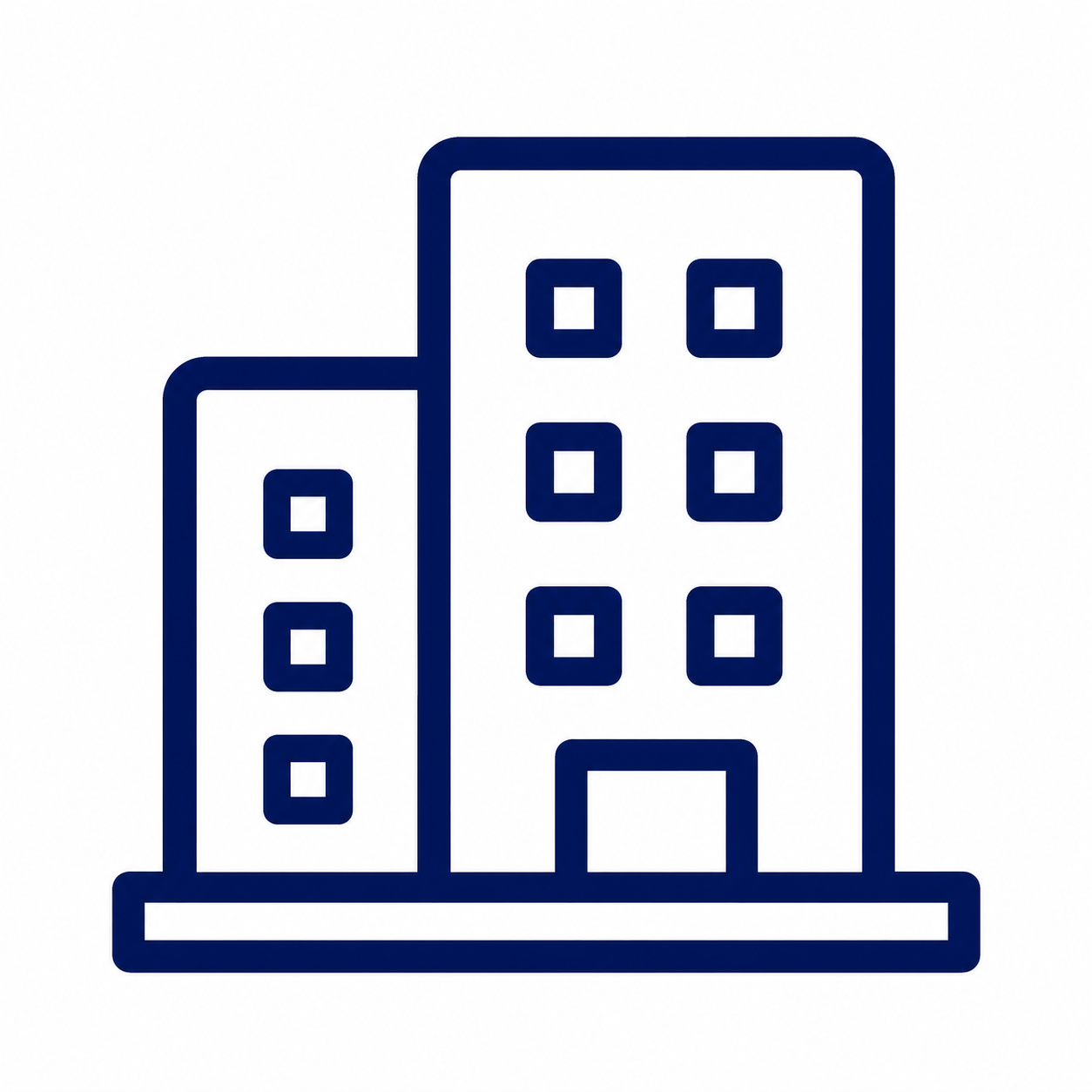 Outline drawing of two office buildings, one taller than the other, with multiple windows, depicted in dark blue on a white background.