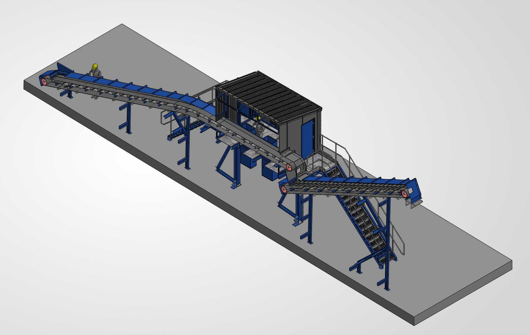 Cutaway CAD view showing the conveyors, access stairs and enclosed picking area
