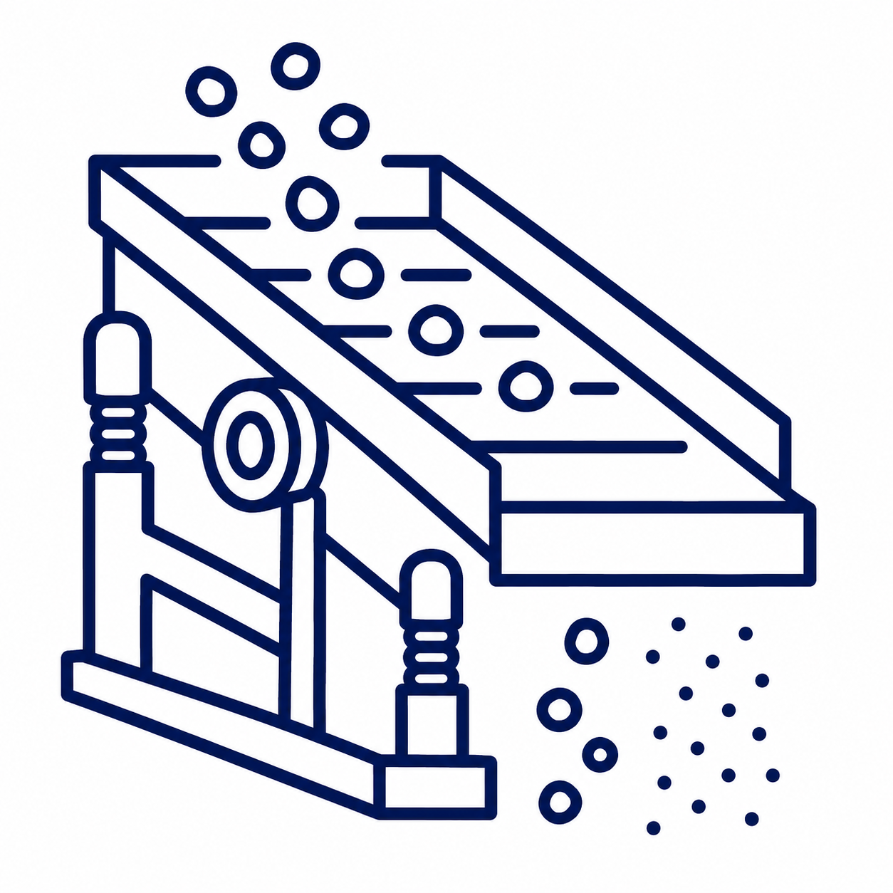 Line art of a machine with a sloped surface and holes, possibly a sorter or conveyor, with circular objects falling through and a mechanical arm with buttons and dials.