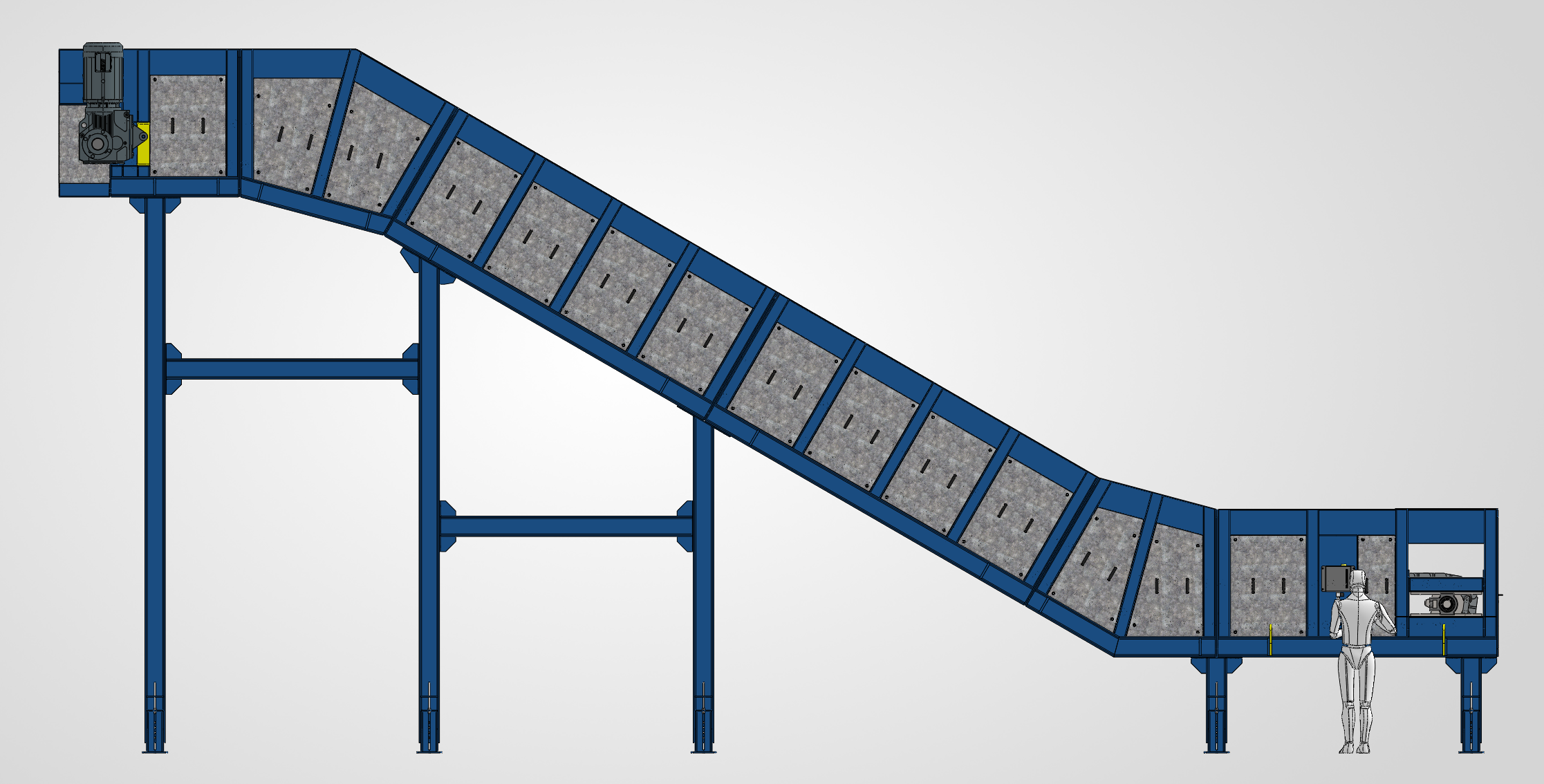 Side elevation showing the hinged-belt conveyor’s relative loading and discharge heights