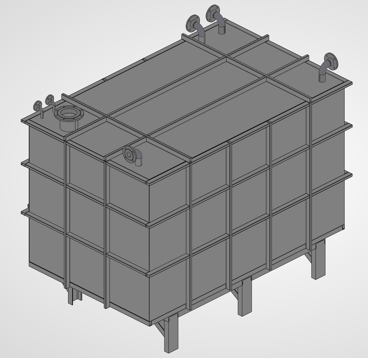 CAD model showing the tank’s external frame, roof stiffeners and lifting points