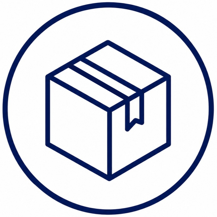 A circular icon with a simple line drawing of a cardboard box sealed with tape.