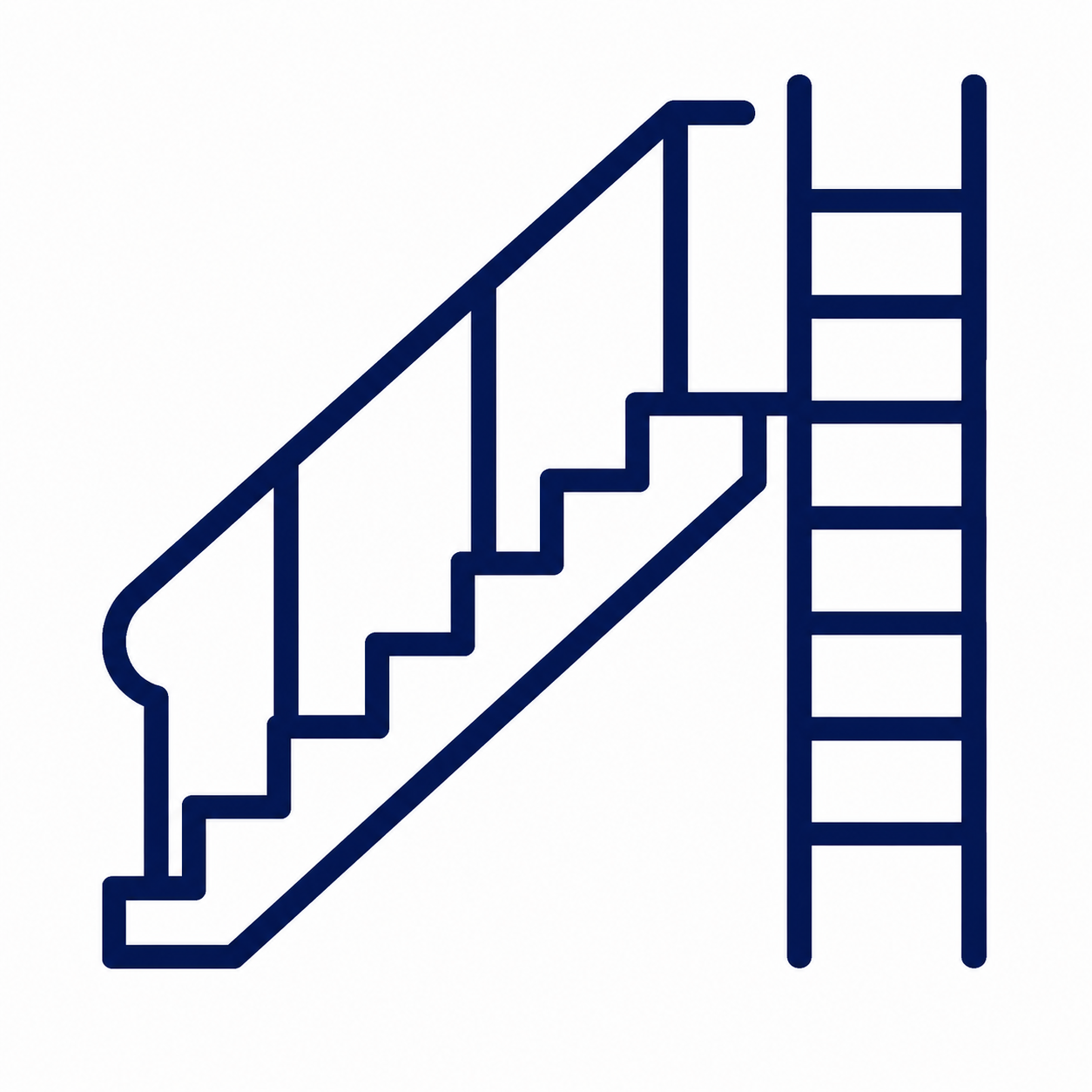 Outline of a staircase with a handrail and a separate ladder