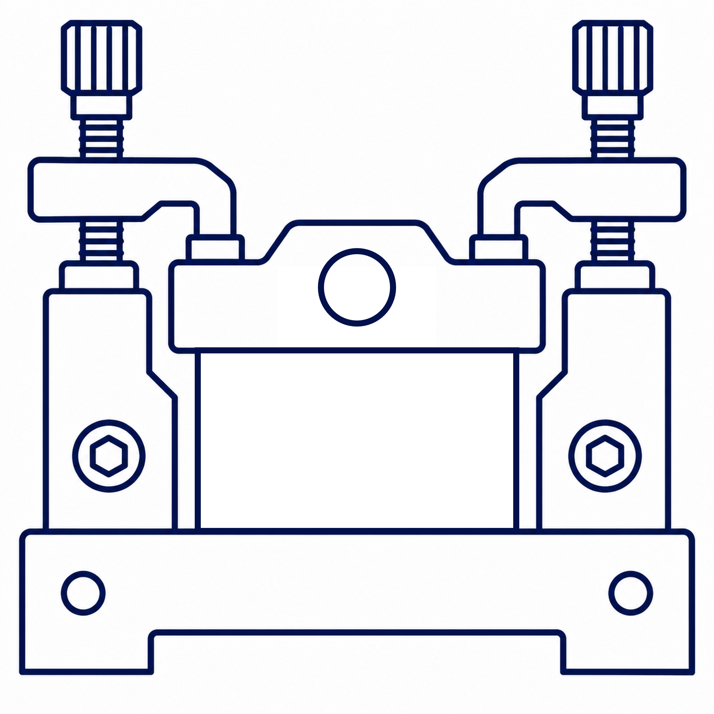A line drawing of a mechanical diagram showing a connecting rod and two adjustable screws with threaded sections and knobs, connected to a central circular element.
