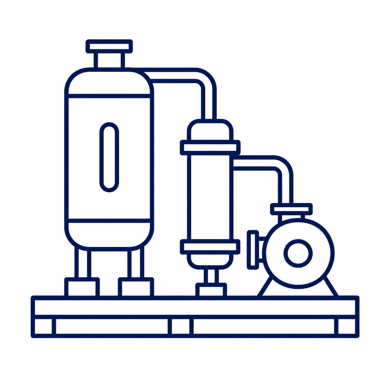 Line drawing of an industrial machine with interconnected cylinders, a compressor component, and pipes, mounted on a platform.