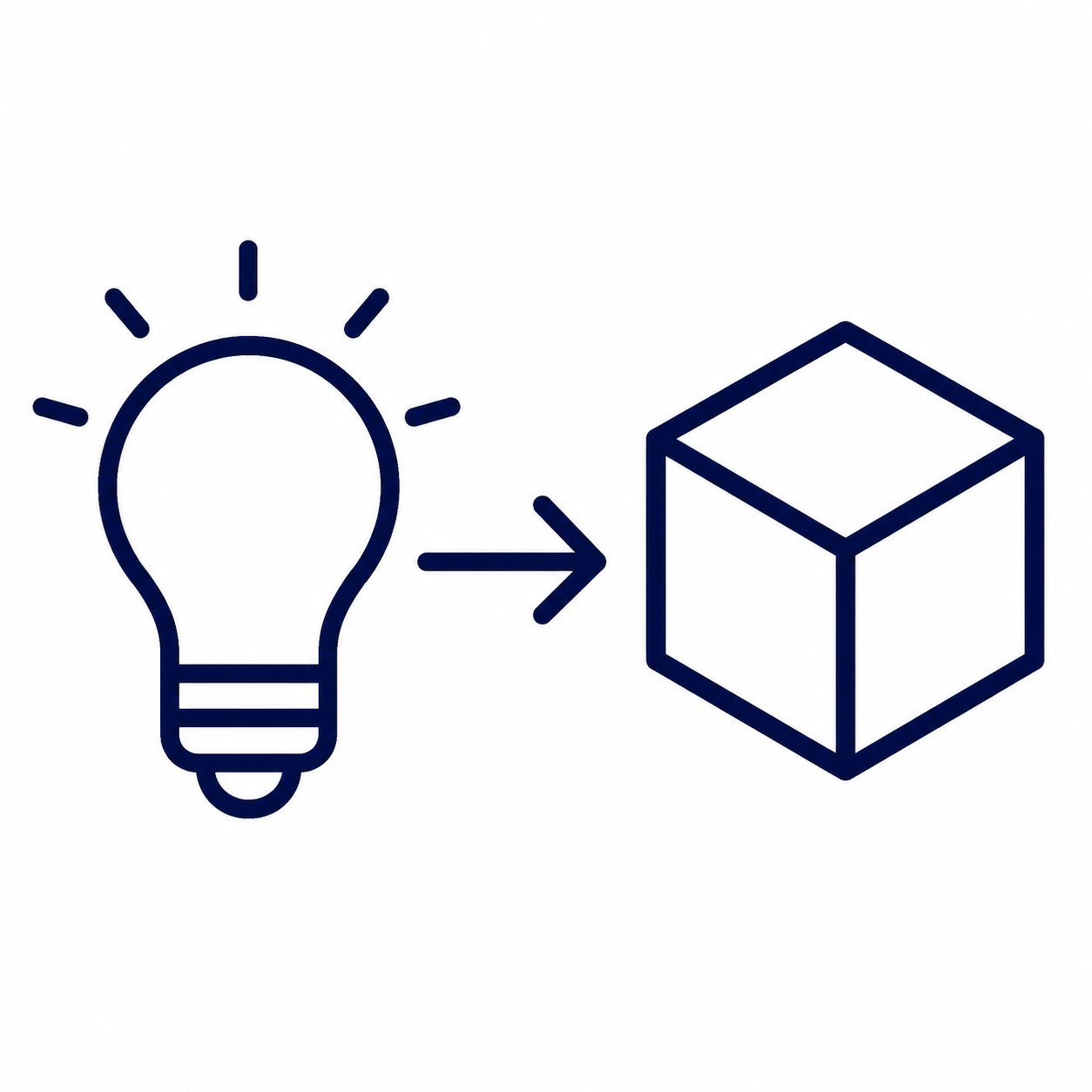 Light bulb with an arrow pointing to a cube, indicating an idea turning into a 3D object.