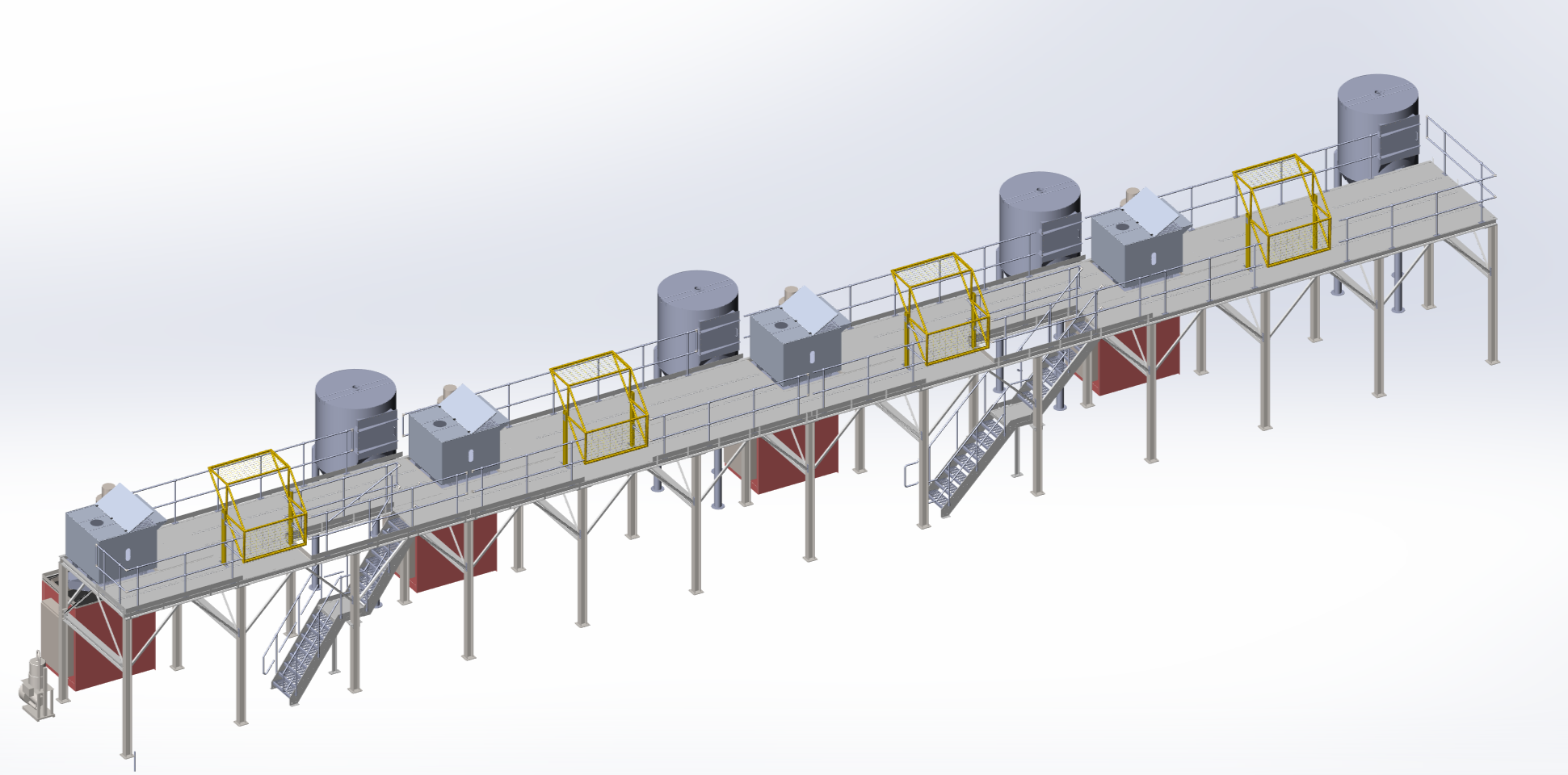 3D model illustration of an industrial elevated conveyor system with multiple storage tanks, safety cages, staircases, and support beams.