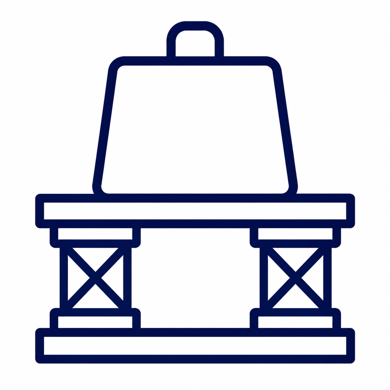 Outline drawing of a bridge with a large central support and a smaller support on each side.