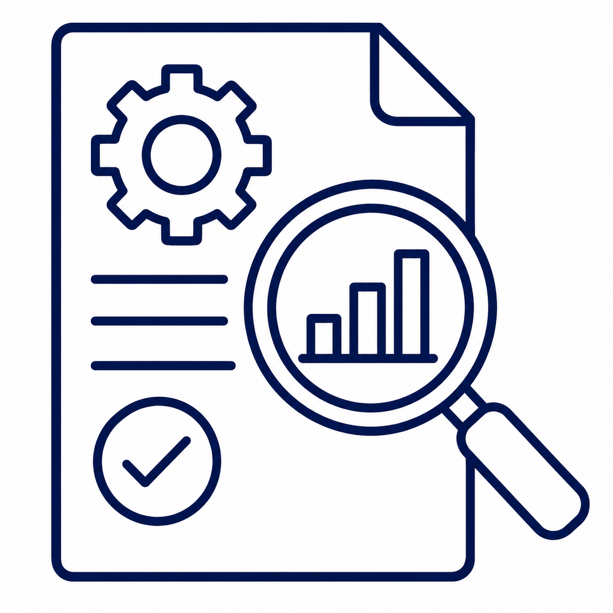 Icon of a document with a gear, a magnifying glass with a bar chart inside, and a checkmark.