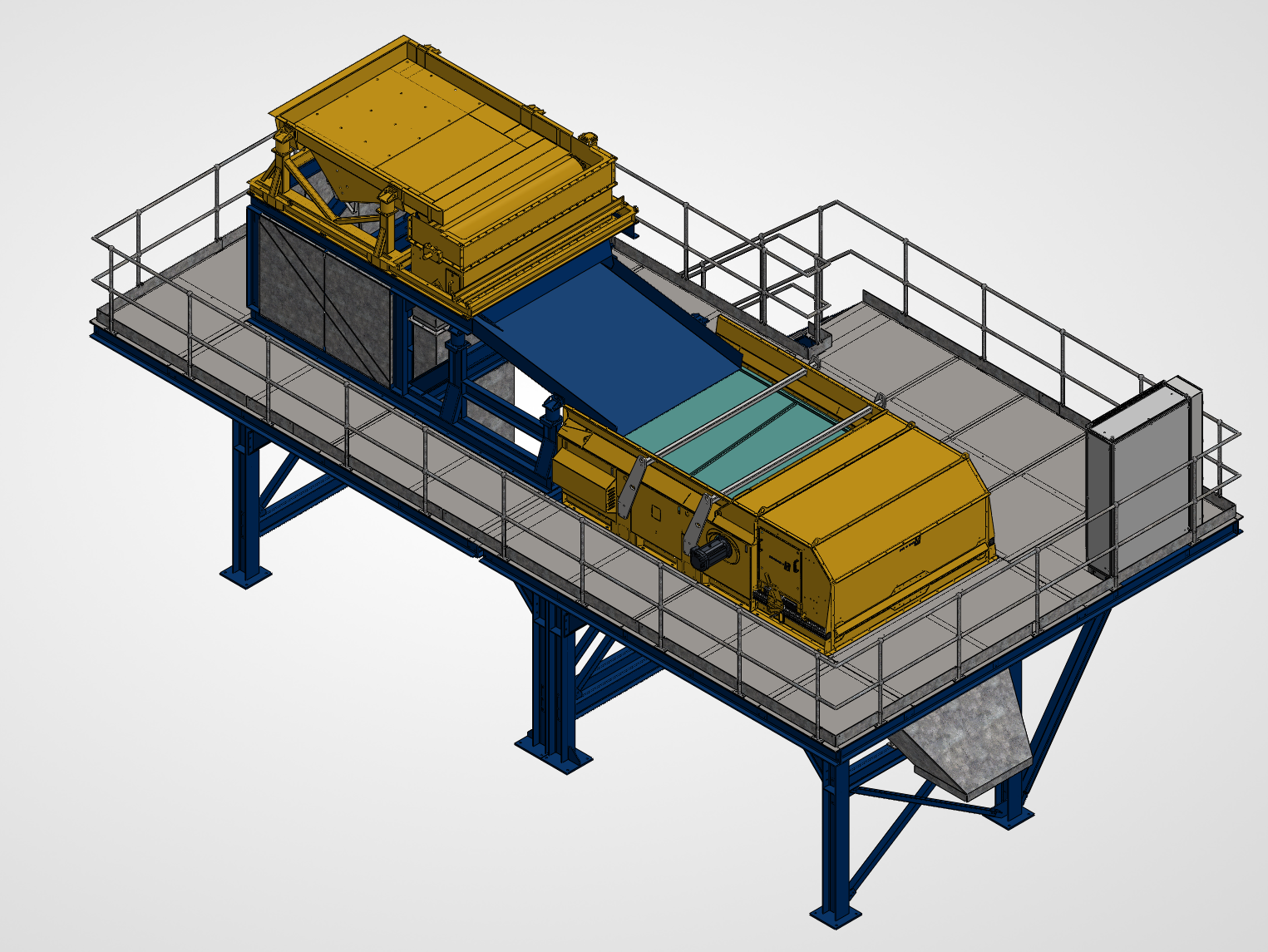 Opposite CAD view showing maintenance walkways around the separator and feeder