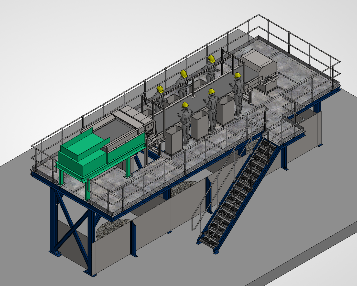 Isometric CAD model of the mixed-aluminium picking platform and access stairs