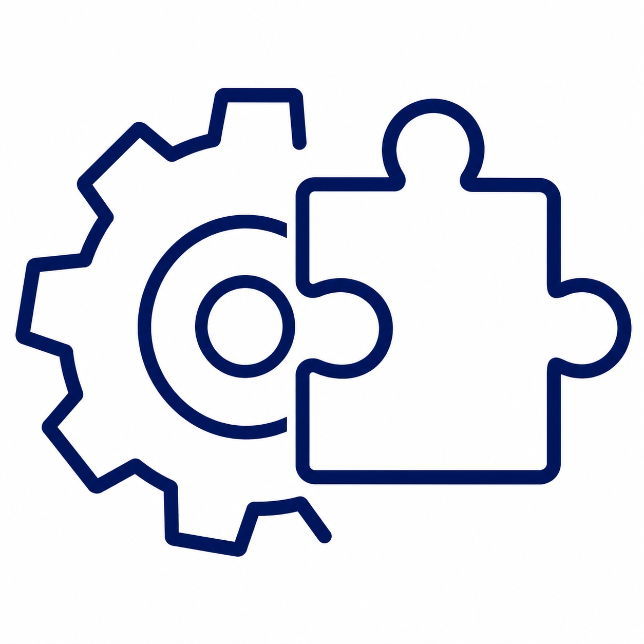 Outline of a gear and a puzzle piece, representing technical support or problem solving.