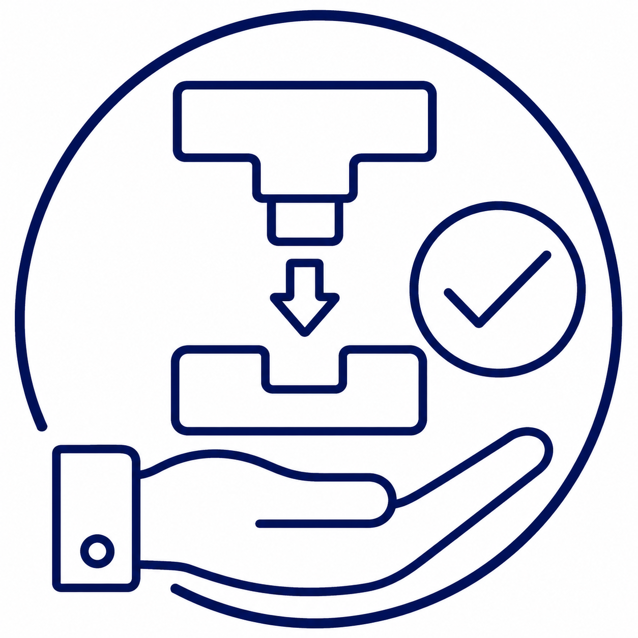 A blue outline of a human hand holding a microscope, with a checkmark inside a circle next to it, and symbols representing a microscope and a downward arrow indicating a process or procedure.