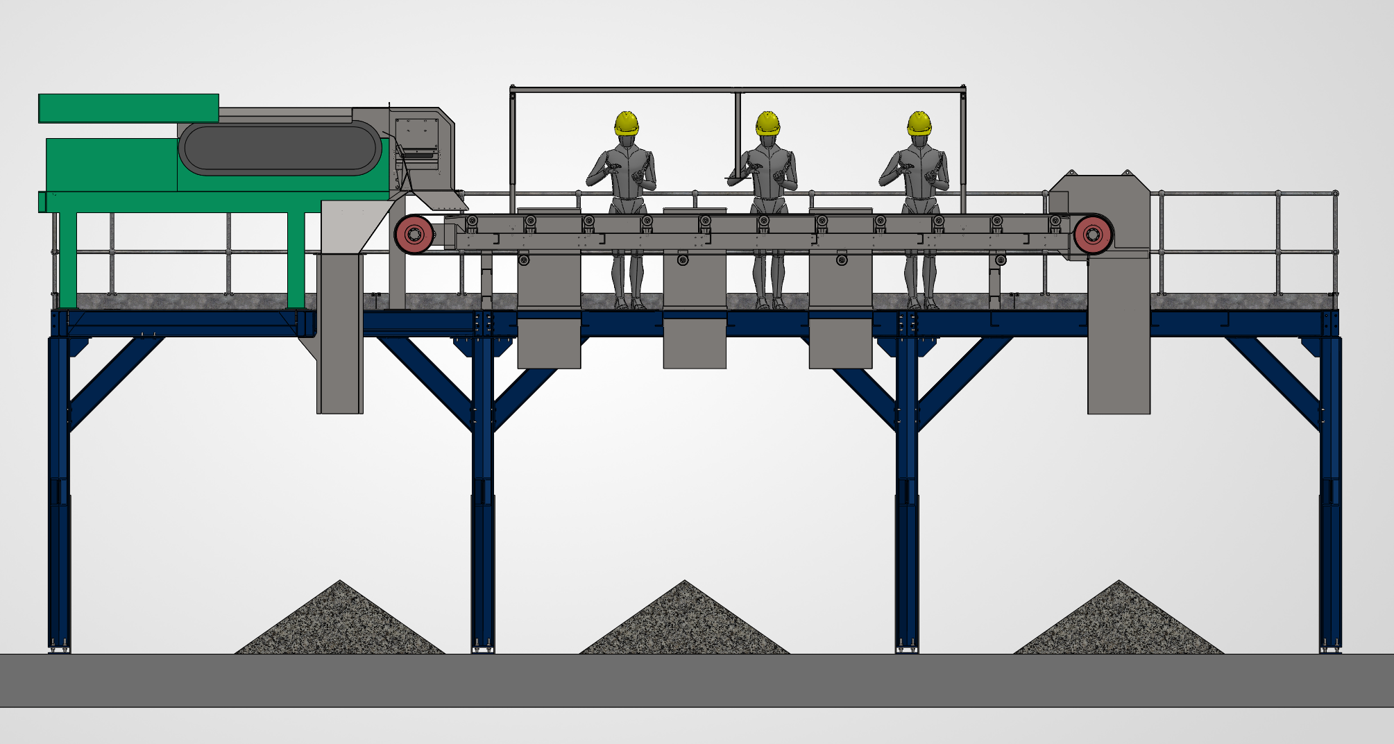 Side elevation showing the magnetic separator and manual picking positions above dedicated material collection bays