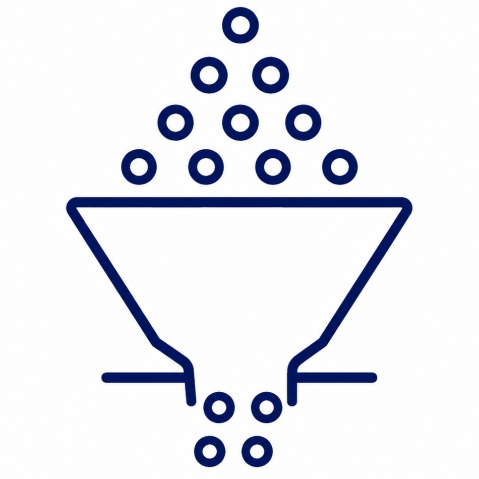 Simplified icon of a funnel with small circles representing particles being filtered through