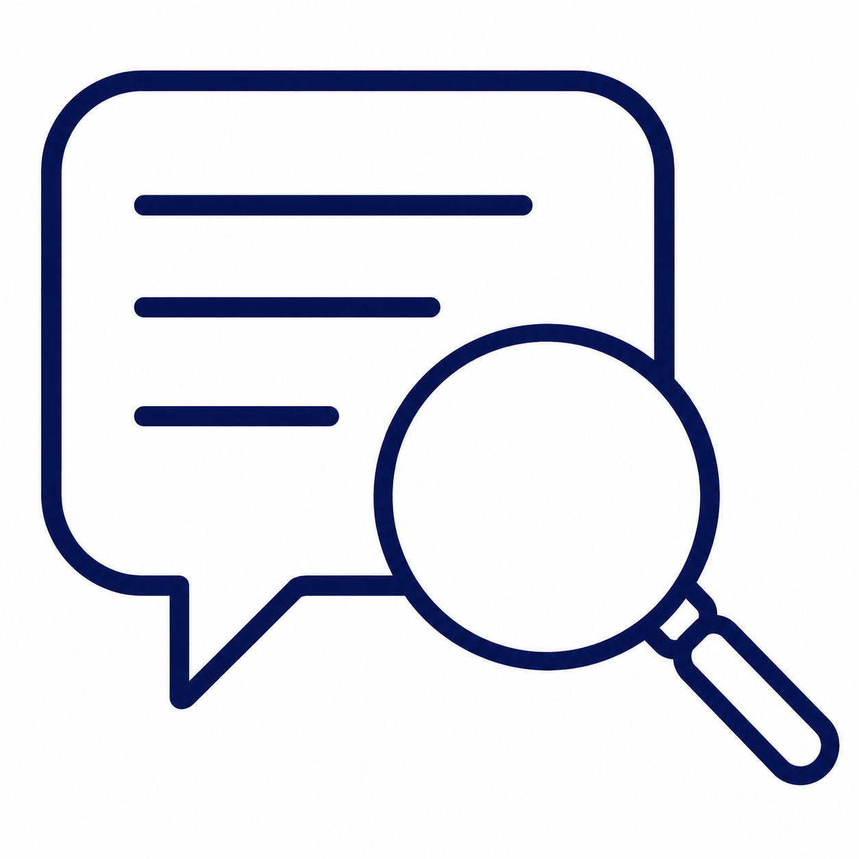 Speech bubble with lines and a magnifying glass indicating search or investigation.
