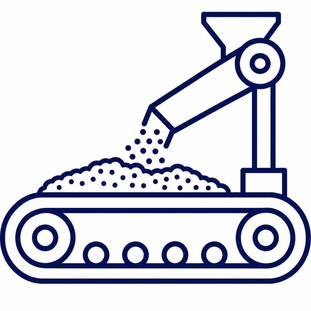 Line drawing of a conveyor belt with a robotic arm pouring granular material.