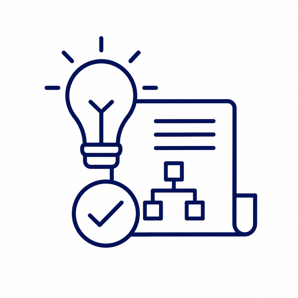Line art illustration of a lightbulb, a checkbox, and a document with a flowchart, representing ideas, approval, and planning.