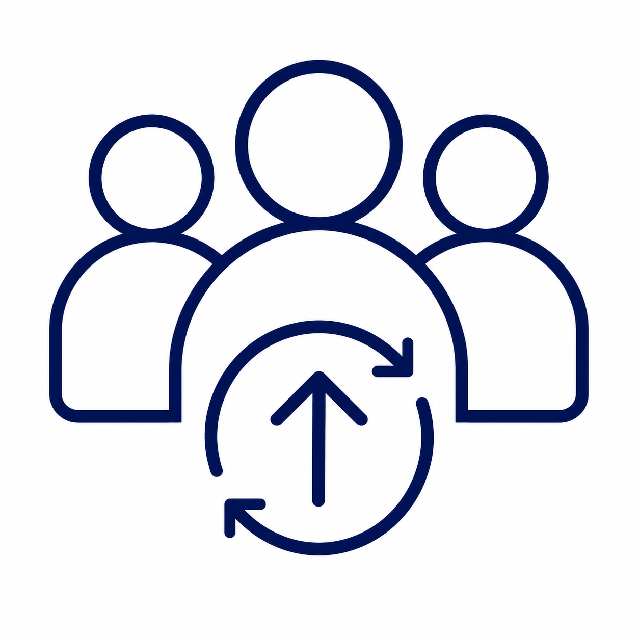 Outline of three people with a circular arrow and upward arrow symbol in front, representing team growth or collaboration.