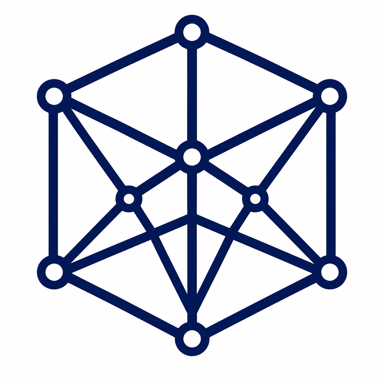 A diagram of a three-dimensional cube with connecting lines and circles at the vertices, representing a graph or network structure.