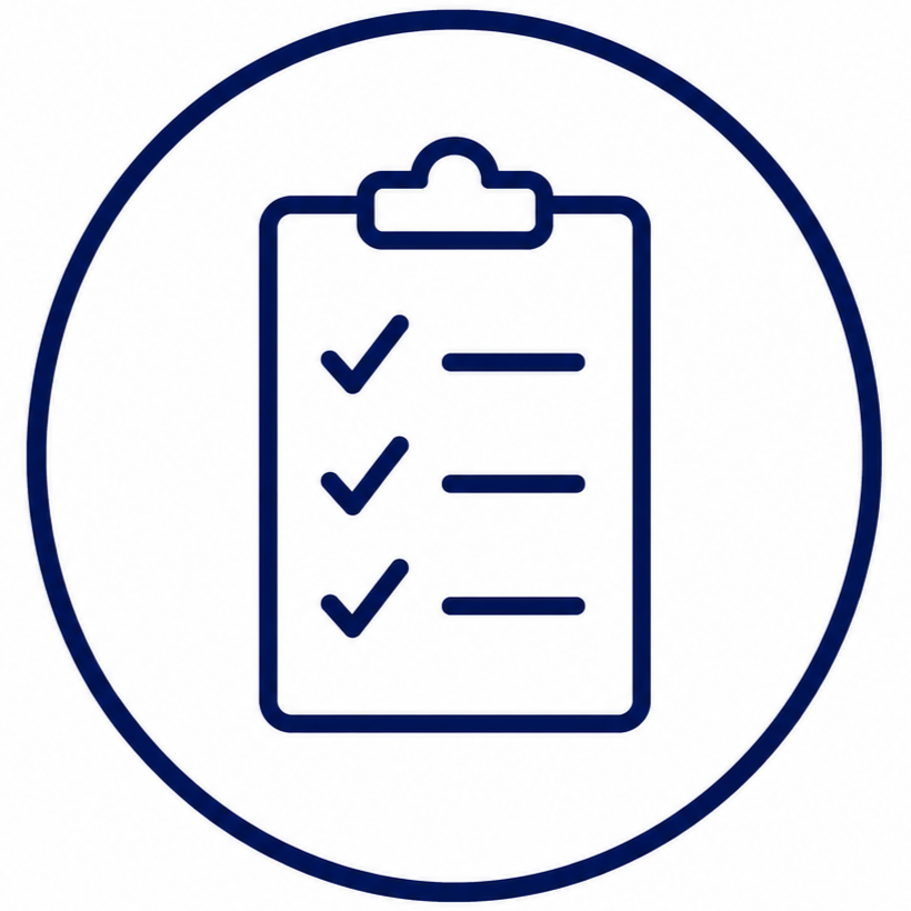 Icon of a checklist on a clipboard inside a circle.