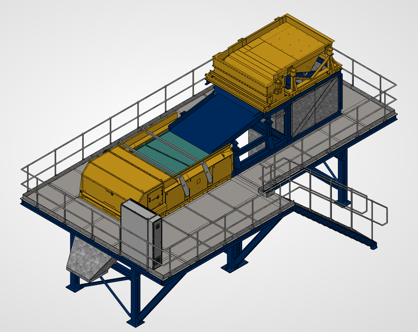 Isometric CAD model of the eddy current separator, feeder and access platform