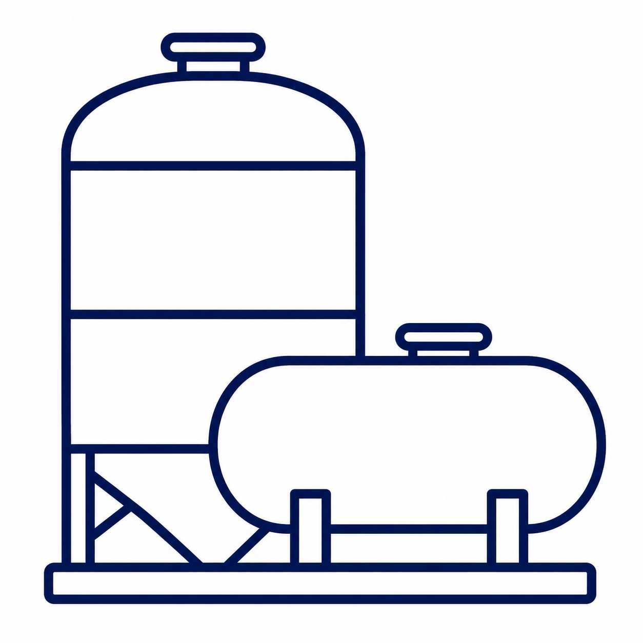 Line drawing of a large storage tank and a smaller horizontal tank on a platform.