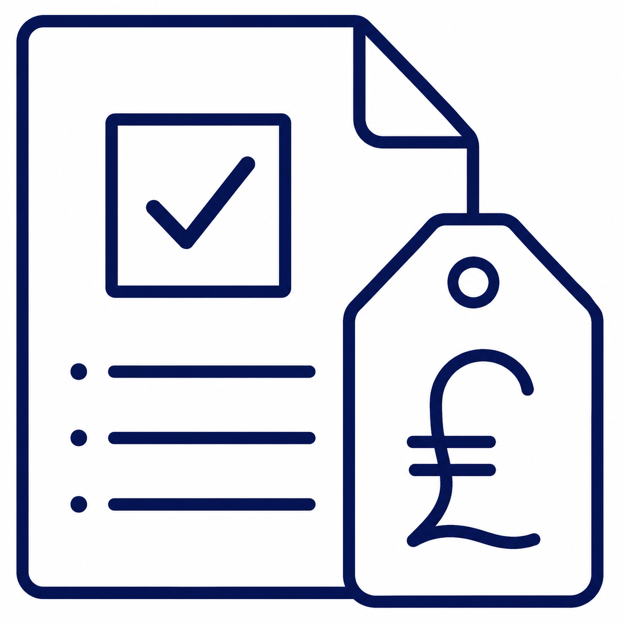 Outline of a checklist, price tag with euro symbol, and folded paper.