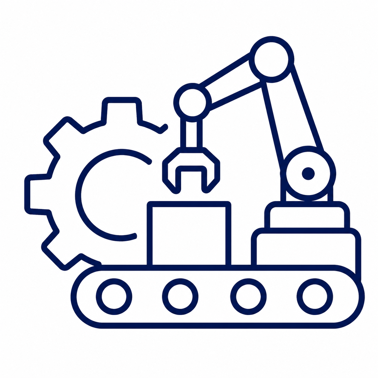 Outline illustration of a robotic arm on a conveyor belt with a gear and a circle in the background.