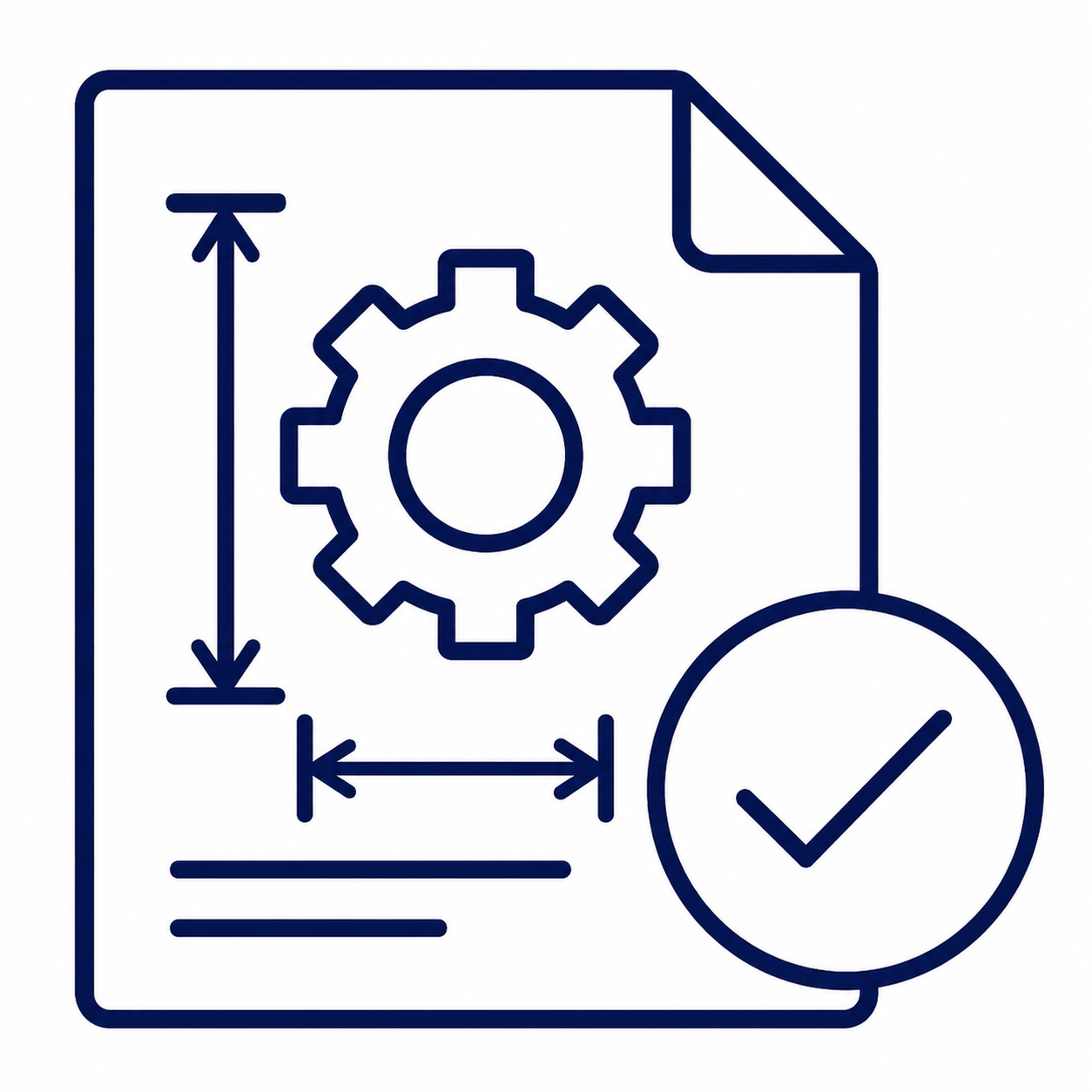 Icon of a document with a gear and measurement arrows, indicating settings or configuration, with a checkmark indicating approval or completion.