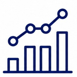 A blue line graph with data points connected by lines and a bar chart with five vertical bars of varying heights.