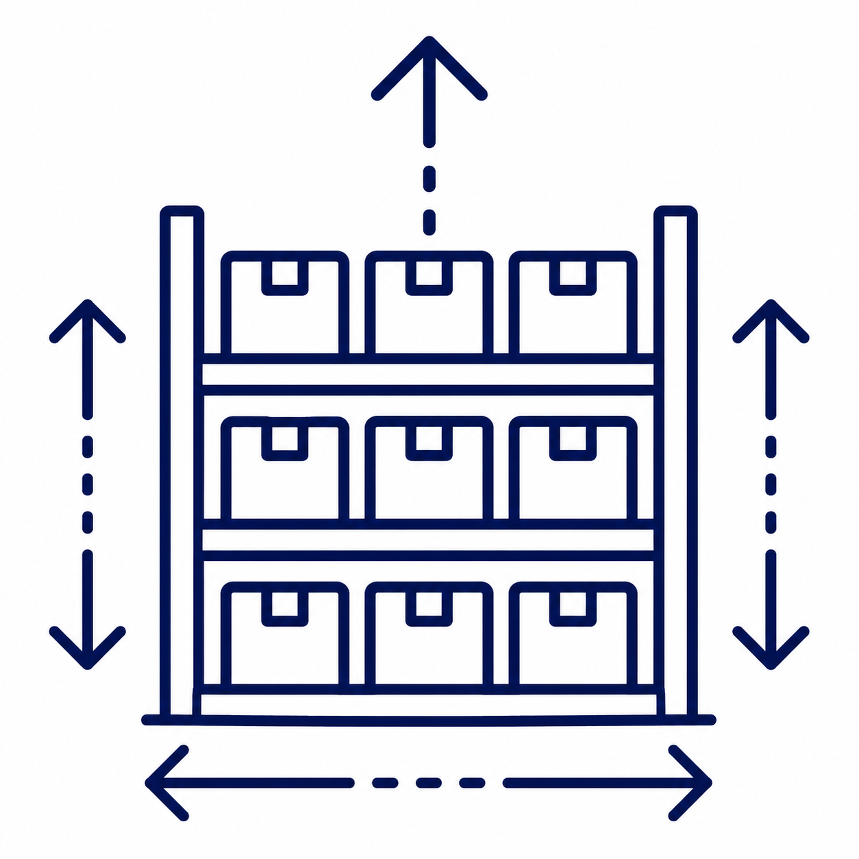 Outline drawing of a warehouse racking system with multiple shelves and boxes, with arrows indicating measurements for height, width, and depth.