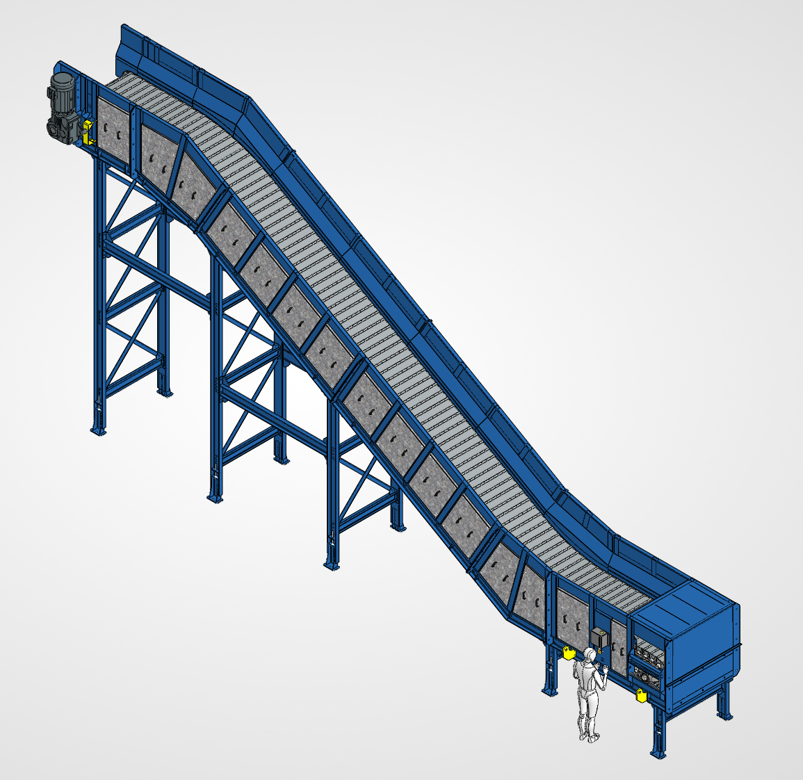 CAD view showing the conveyor incline, loading hopper and steel supports