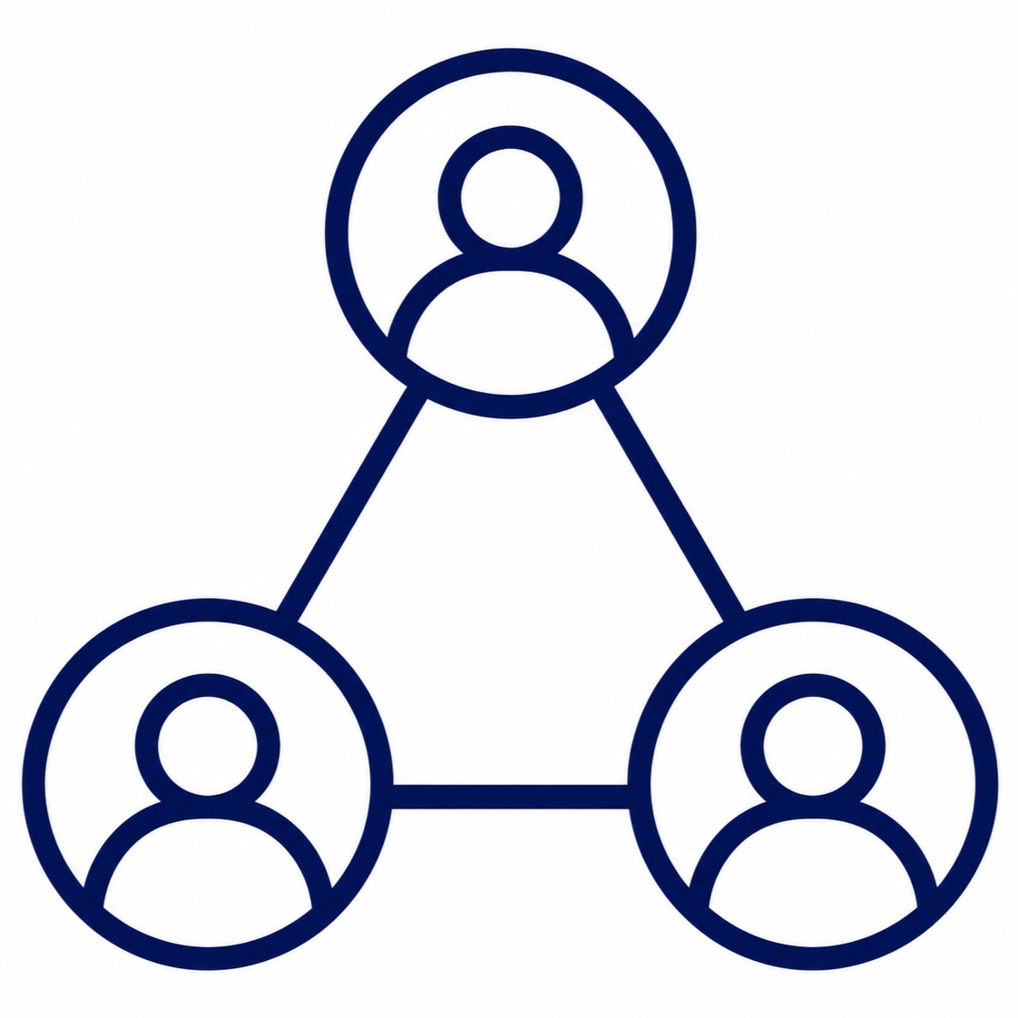 Line drawing of three connected user icons in a triangle formation, representing a network or social connection.