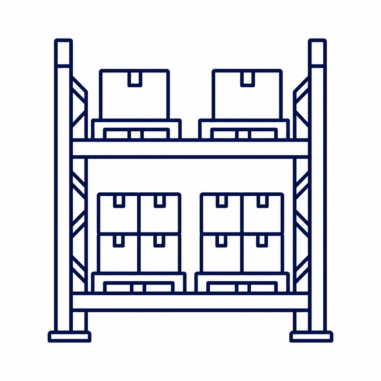 Line drawing of a warehouse shelving unit with boxes on two shelves.