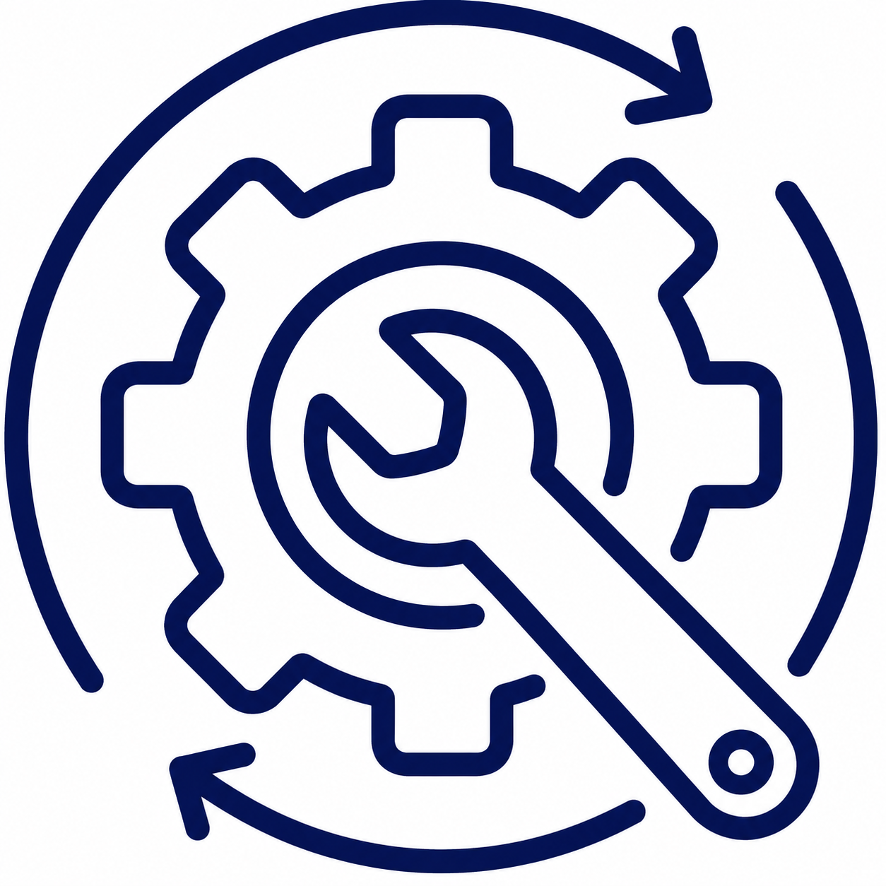 Line drawing of a gear with a clock face and a wrench, surrounded by circular arrows, representing settings or process adjustments.