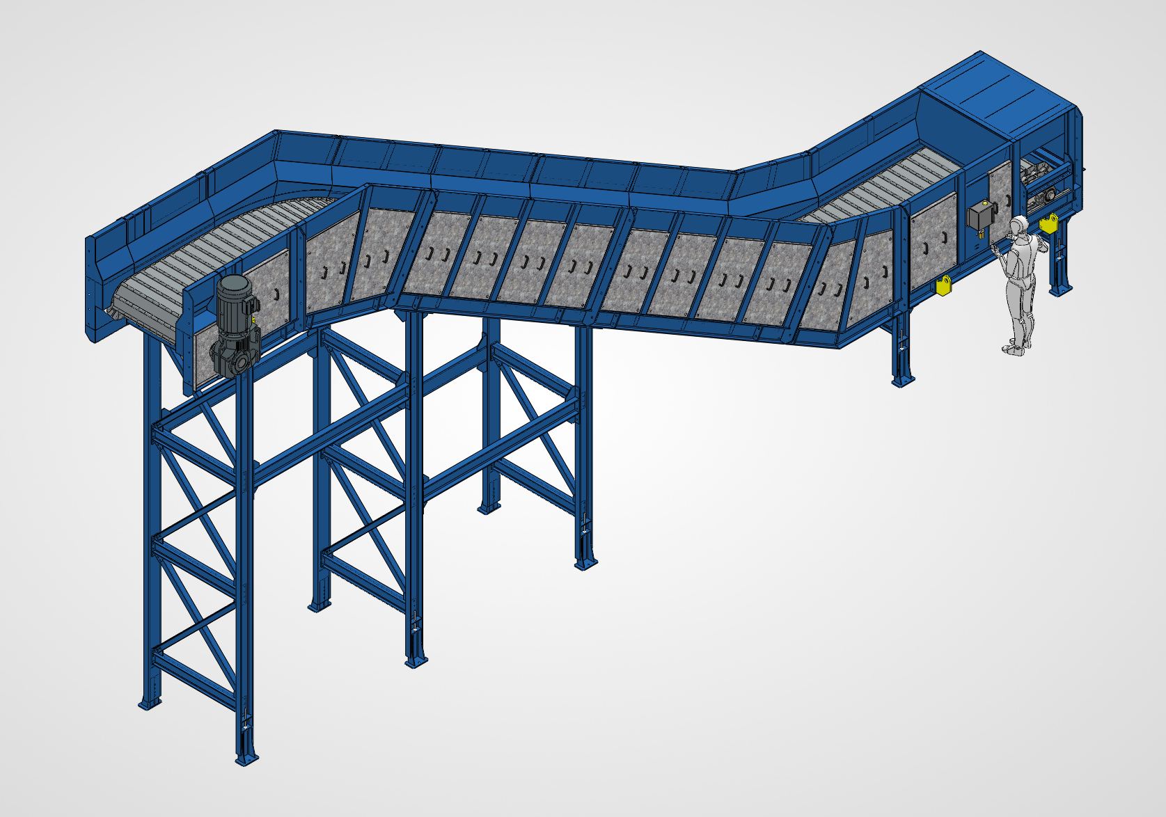 Isometric CAD model of the hinged-belt infeed conveyor and support frame