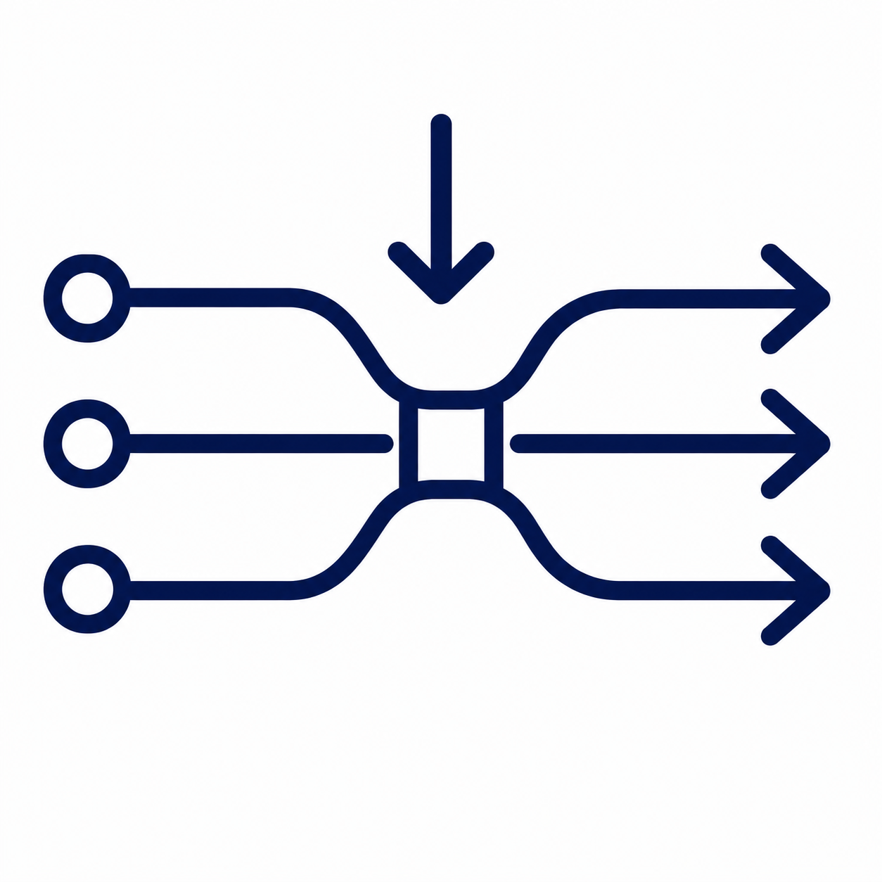 Flowchart with one arrow pointing down and three arrows branching out to the right.