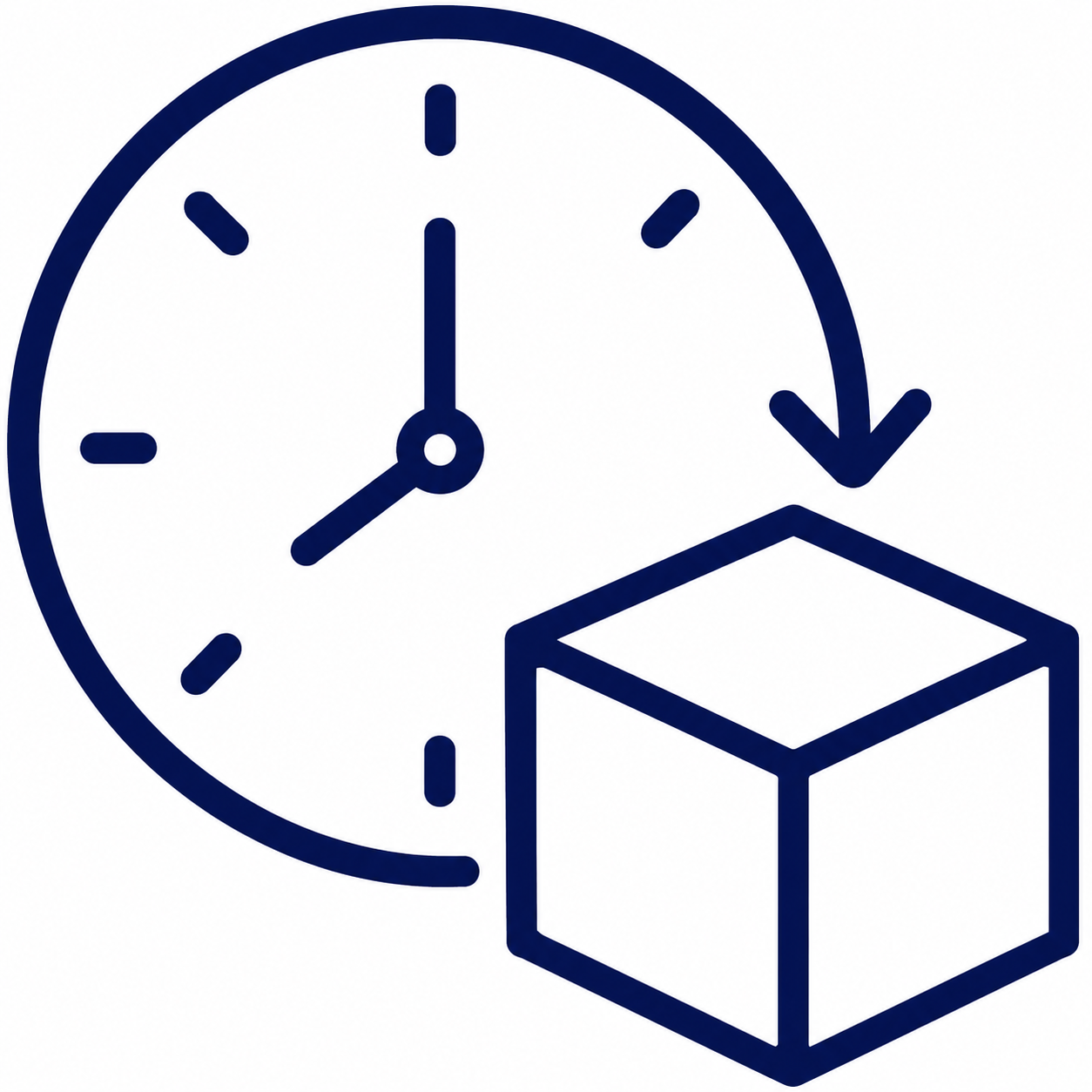 Clock showing 3:00 with a box and arrow indicating shipment or delivery.