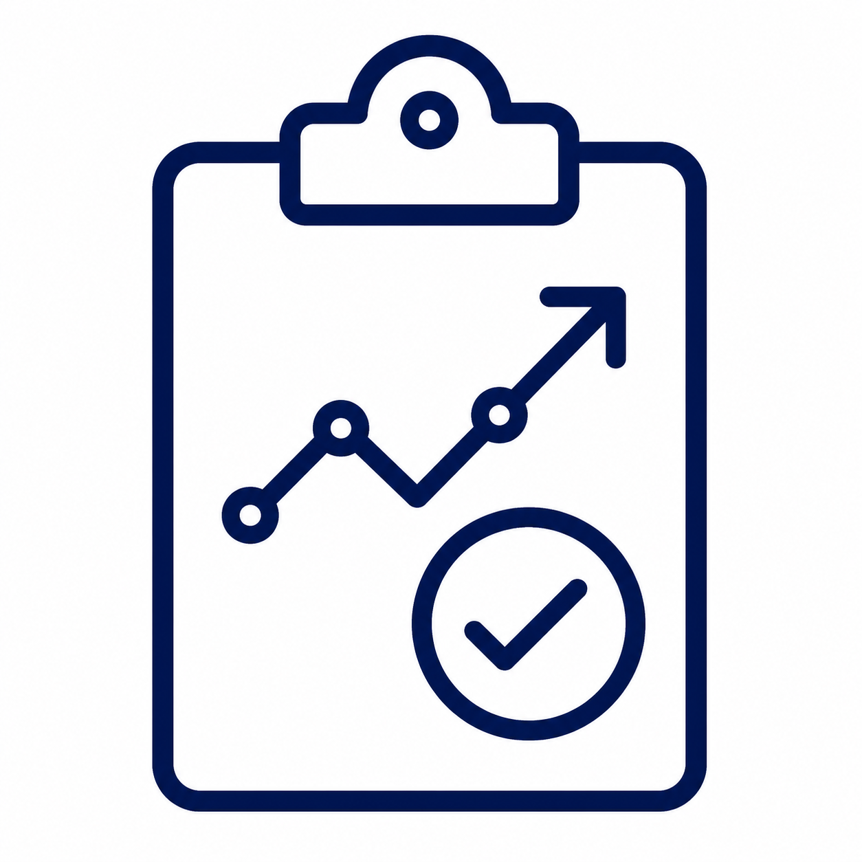 Line graph with upward trend and a checkmark on a clipboard.