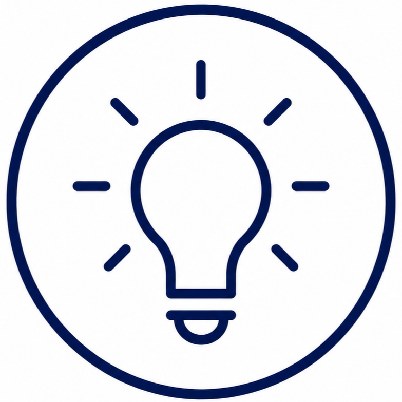 Icon of a light bulb inside a clock face with rays, indicating an idea or innovation.