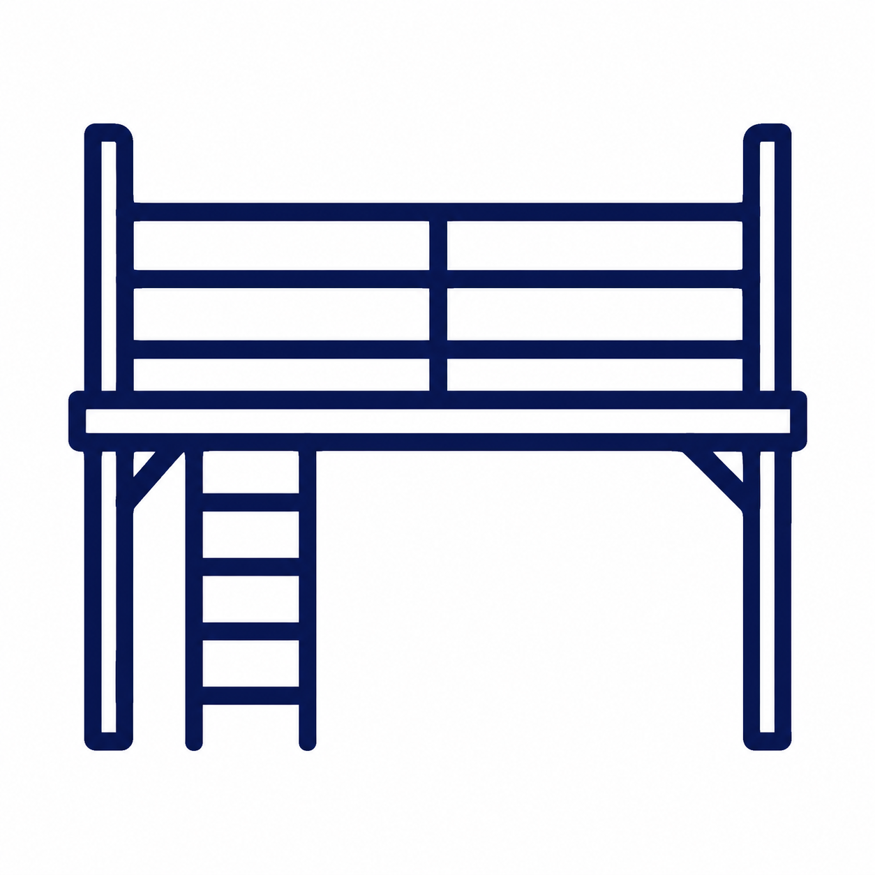 Line drawing of a wooden bunk bed with ladder on the left side, dark blue outline, on a white background.