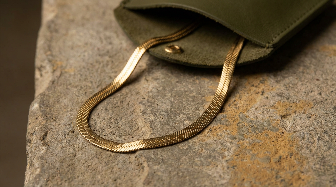 A gold chain necklace resting on a stone surface next to a green purse with a gold zipper.