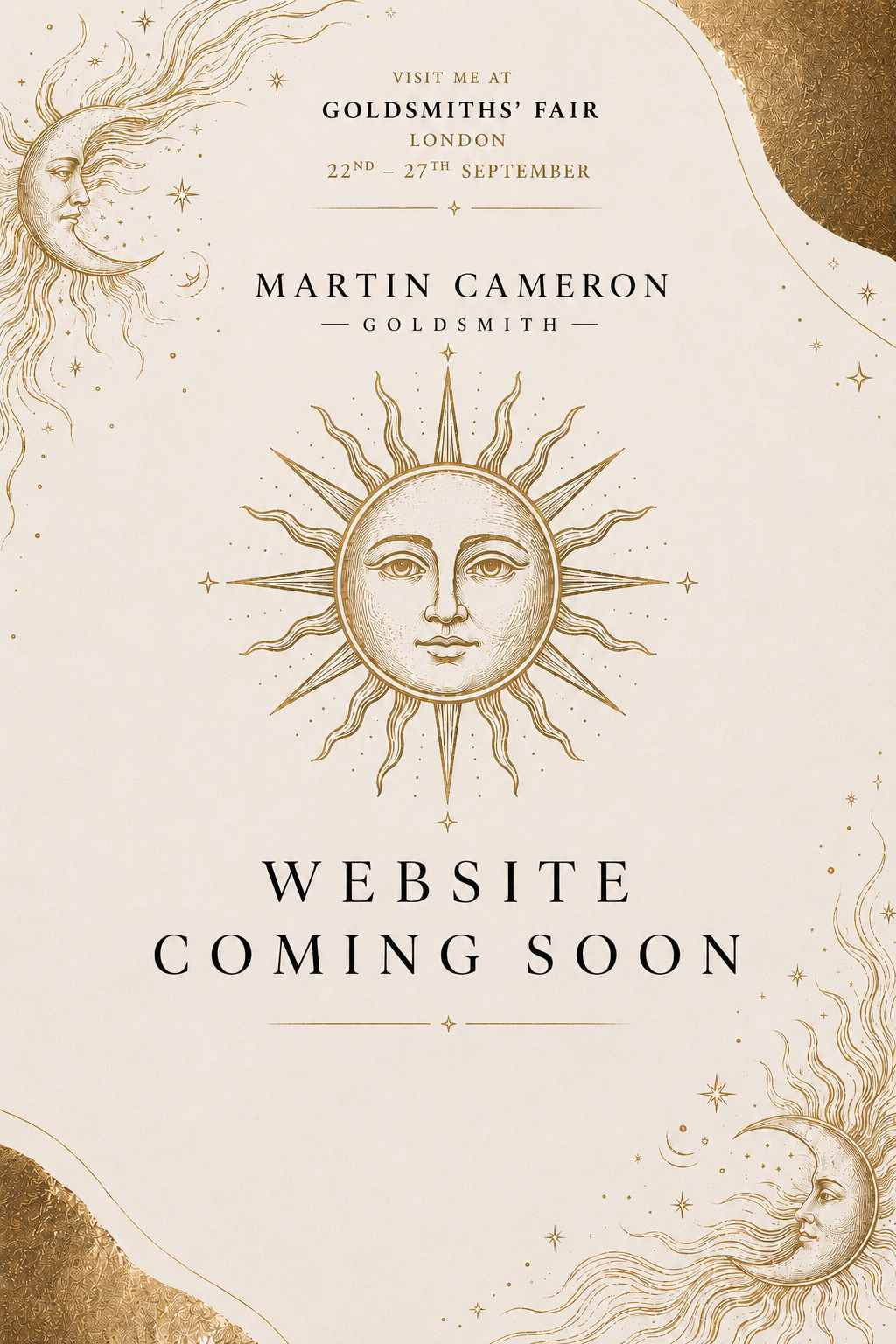 Design announcement for Goldsmiths' Fair in London, happening from September 22nd to 27th. Features celestial illustrations of suns and moons with faces, and the message "Website Coming Soon".