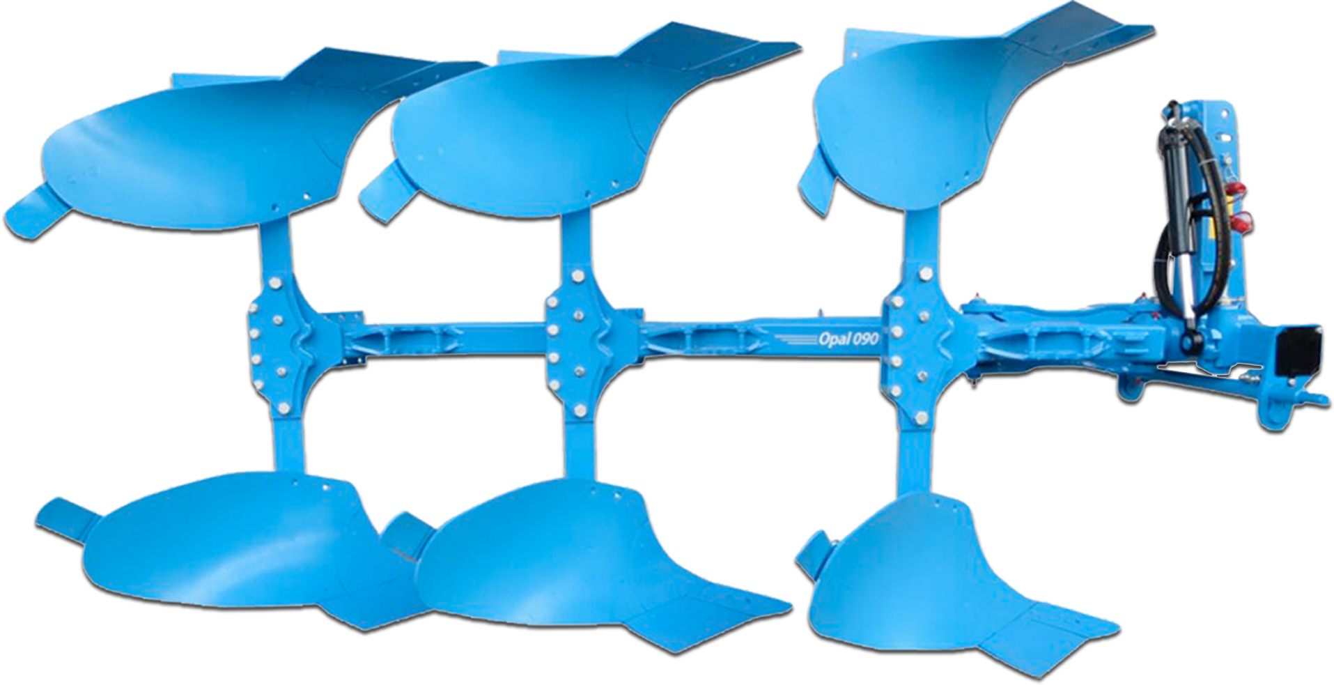 A blue multi-sharp plow tractor attachment used for tilling soil in farming.